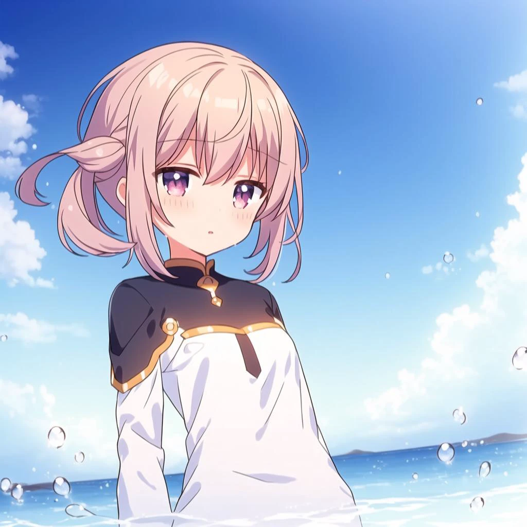 masterpiece, best quality, 1girl, moe2022, blush, beautiful detailed eyes, detailed wet clothes, blank stare, floating, beautiful detailed sky, on beautiful detailed water, dynamic angle, overexposure, illustration, <lora:momochi_tamate-v1:1>