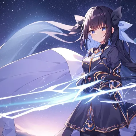 masterpiece, best quality, 1girl, moe2022, extreme detail, cute girl, 1girl, long hair, black hair, blue eyes, no sleeves, blue ribbon, standing, blunt cut, extremely delicate and beautiful fabric, beautiful detailed sky, beautiful details in the wind, night, ultra detailed illustration, <lora:momochi_tamate-v1>