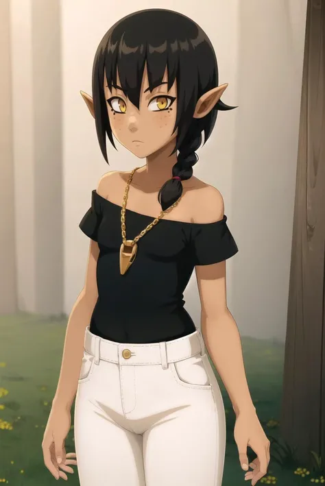 1girl, masterpiece, best quality, solo, (dark skin, dark-skinned female), pointy ears, black hair, short hair, single braid, yellow eyes, braid over shoulder, off shoulder, black shirt, looking at viewer, expressionless, freckles, flat chest, white pants, gold chain on pants, outdoor, field <lora:WakfuStyle:1>