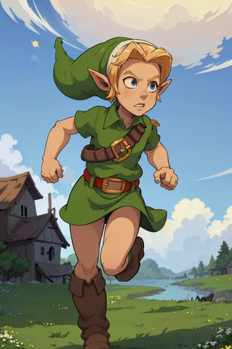 masterpiece, best quality, 1boy, younglink, blue eyes, hat, pointy ears, green tunic, belt, boots, running, day, sun, grass, meadow background <lora:YoungLink:1> <lora:WakfuStyle:1>