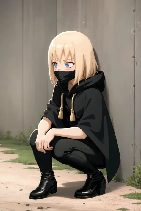 1girl, masterpiece, best quality, solo, (half mask, balaclava), black hood, black poncho, against wall, sneaking, black tunic, black pants, crouching, outdoors, stone walls, village, dirt, full body, black boots, blond hair, blue eyes, (night:1.1), looking away <lora:WakfuStyle:1>