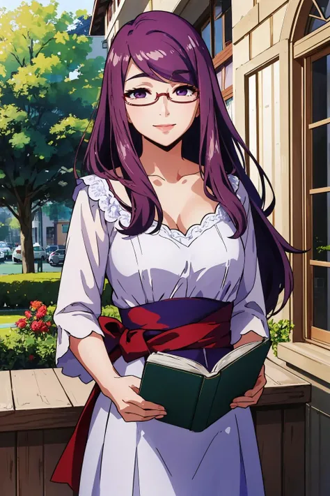 <lora:rize:1> tg_rize, mature woman, purple hair, purple eyes, long hair,
beautiful, masterpiece, best quality, cafe, reading book, smile