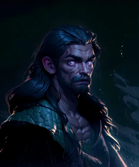 cave, (masterpiece, best quality, intricate detail), face portrait, face scar, head facing viewer, an old man with thin muscular body, long beard, very long hair, black eyes, messy hair, topless male, standing, bright aura, fog, HyperSmoke, backlit, (dark theme:1.5), dark background, looking at viewer, <lora:lowkey_v1.1:1> black shadow, <lora:more_details:1>