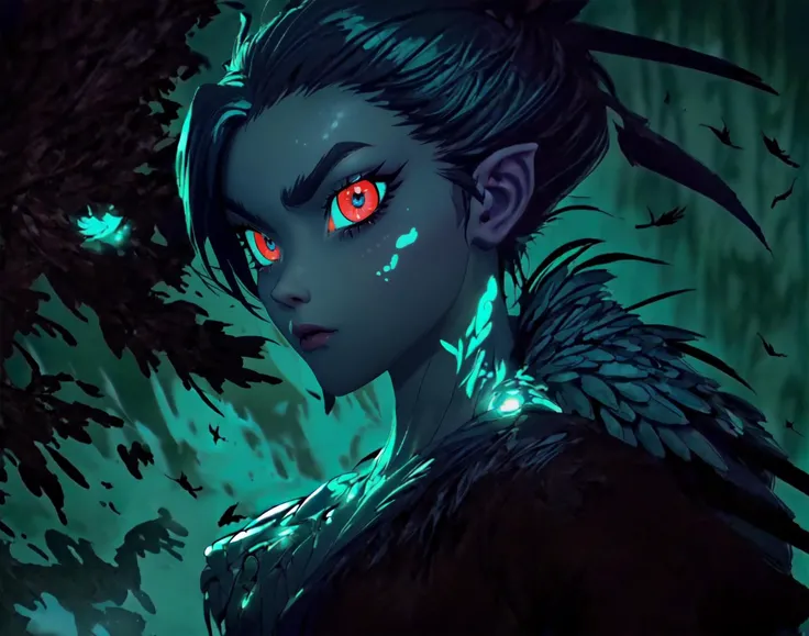 night, dead tree, fog, full moon (masterpiece, best quality, intricate detail) a harpy, large feathered wings, (glowing eyes:1.1), HyperSmoke, backlit, (dark theme:1.2), (dark background:0.6) <lora:lowkey_v1.1:1> <lora:more_details:1> pointy ears,