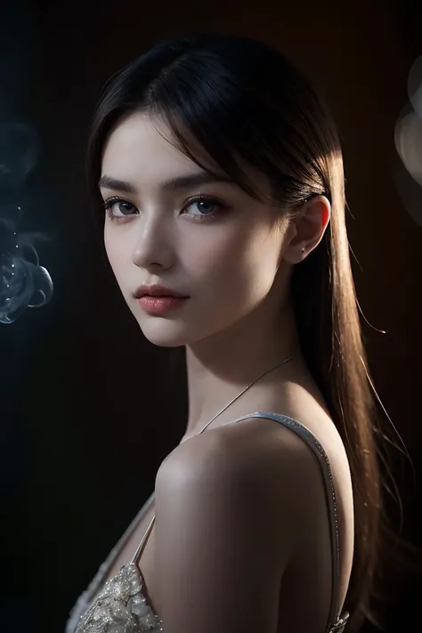 HyperSmoke, award winning portrait photo of an young norwegian woman, fair skin, bokeh, backlit, (brown color in detail:1.1), elegant atmosphere, realistic, intricate details, true skin tone, dark backround <lora:lowkey_v1.1:1>