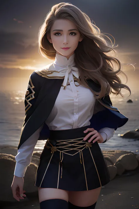 1 girl, portrait,dynamic pose, smile,((saturated darkness)), HyperSmoke, backlit, dark theme, black background, dark background,<lora:lowkey_v1.1:1>, masterpiece, high quality, best quality, beautiful, perfect lighting, detailed face, detailed body,, (((photorealistic, hyper-realistic, RAW photo:1.2))), intricate details, 8k uhd, perfect face, perfect eyes,, yellow capelet, hair bow, white shirt, garreg mach monastery uniform, black skirt, thighhighs <lora:mercedes-nvwls-v1:0.9>,