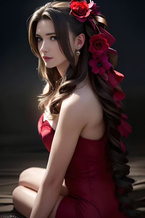 1 girl, portrait, smile,((saturated darkness)), HyperSmoke, backlit, dark theme, black background, dark background,<lora:lowkey_v1.1:1>, aerith gainsborough,very long hair, hair ribbons, hair flowers, strapless red dress, high heels  <lora:aerith-nvwls-v1-final:0.8>, masterpiece, high quality, best quality, beautiful, perfect lighting, detailed face, detailed body,, (((photorealistic, hyper-realistic, RAW photo:1.2))), intricate details, 8k uhd, perfect face, perfect eyes,