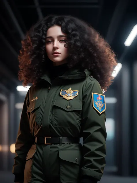 the most beautiful a magical girl with long curly hair and curly curly hair in style of russian military fatigues and black hair, artstation, concept art, smooth, sharp focus, light diffraction, illustration in the style of simon stalenhag, 8 k, hdr, matte, hdr, 8 k, ultrawide render, highly detailed, Trending, dark theme <lora:lowkey_v1.1:0.4>