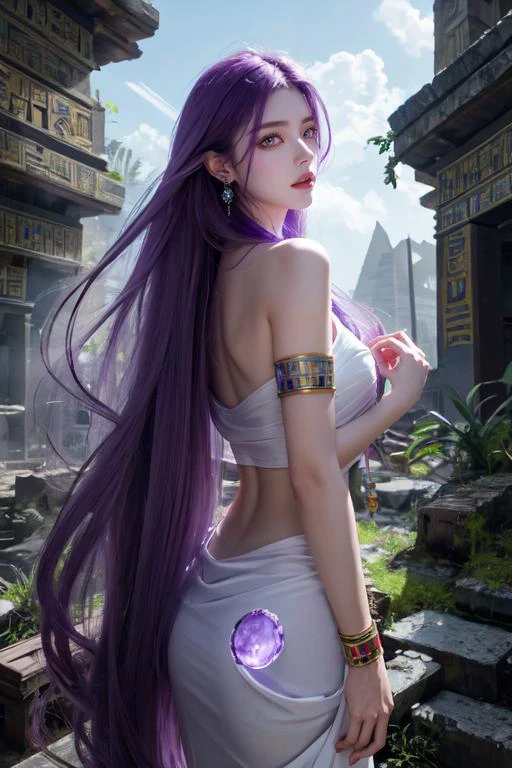highly insanely detailed, masterpiece, top quality, best quality, highres, 4k, 8k, RAW photo, (very aesthetic, beautiful and aesthetic),
((ancient egyptian theme:1.2)), ancient egyptian symbol,
taiwan, korean,
((post-apocalyptic:1.2)),
abandoned building, overgrown with vegetation, ruin,
water,
(gardens, village:0.6),
mythical, mysterious,
reflection, reflective floor,
white cloudy sky, blue sky,
(Amethyst, Amethyst \(gemstone\), purple gemstone, jade \(gemstone\), red gemstone, ruby \(gemstone\)),
(flower, falling petals, petals on liquid, petals, cherry blossom:0.8),
(mandala, nebula, fractal art:0.5),
(dreamlike, dream like, dream-like, dream-like atmosphere:0.6),
(long hair, glowing hair, hair over one eye, long messy hair),
collar, earrings, jewelry, necklace, armlet,
steam, <lora:Concept_Towel:1>, 1girl, solo, looking at viewer, cowboy shot, covering, towel, bare shoulders, collarbone, hands on own chest