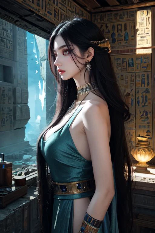 (otherworldly), highly insanely detailed, masterpiece, top quality, best quality, highres, 4k, 8k, RAW photo,
((ancient egyptian theme:1.2)), taiwan, korean, ((post-apocalyptic:1.2)),
abandoned building, overgrown with vegetation, ruin,
(gardens, village:0.6),
mythical, mysterious,
reflection, reflective floor,
blue cloudy sky, blue sky,
(flower, falling petals, petals on liquid, petals:0.8),
(mandala, nebula, fractal art:0.5),
(dreamlike, dream like, dream-like, dream-like atmosphere:0.6),
(long hair, glowing hair, hair over one eye, long messy hair),
(eyelashes, eyeliner, eyeshadow, eyelashes, long eyelashes),
collar, earrings, jewelry, necklace, armlet,
nsfw,
cleavage, perfect body, makeup,
(from side, facing away),
indoors, bathroom, steam, <lora:Concept_Towel:1>, 1girl, solo, looking at viewer, cowboy shot, covering, towel, bare shoulders, collarbone, hands on own chest, (fantasy world)
