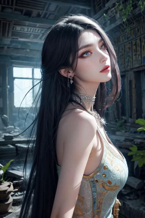 (otherworldly), highly insanely detailed, masterpiece, top quality, best quality, highres, 4k, 8k, RAW photo,
((ancient egyptian theme:1.2)), taiwan, korean, ((post-apocalyptic:1.2)),
abandoned building, overgrown with vegetation, ruin,
(gardens, village:0.6),
mythical, mysterious,
reflection, reflective floor,
blue cloudy sky, blue sky,
(flower, falling petals, petals on liquid, petals:0.8),
(mandala, nebula, fractal art:0.5),
(dreamlike, dream like, dream-like, dream-like atmosphere:0.6),
(long hair, glowing hair, hair over one eye, long messy hair),
(eyelashes, eyeliner, eyeshadow, eyelashes, long eyelashes),
collar, earrings, jewelry, necklace, armlet,
nsfw,
cleavage, perfect body, makeup,
(from side, facing away),
indoors, bathroom, steam, <lora:Concept_Towel:1>, 1girl, solo, looking at viewer, cowboy shot, covering, towel, bare shoulders, collarbone, hands on own chest, (fantasy world)
