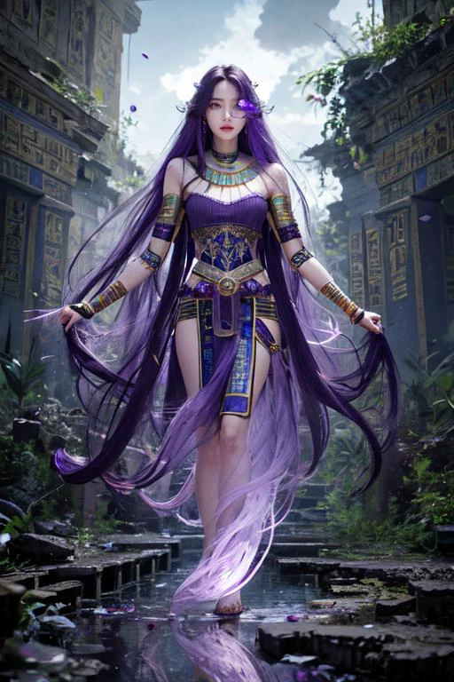highly insanely detailed, masterpiece, top quality, best quality, highres, 4k, 8k, RAW photo, (very aesthetic, beautiful and aesthetic),
((ancient egyptian theme:1.2)), ancient egyptian symbol,
taiwan, korean,
((post-apocalyptic:1.2)),
abandoned building, overgrown with vegetation, ruin,
water,
(gardens, village:0.6),
mythical, mysterious,
reflection, reflective floor,
white cloudy sky, blue sky,
(Amethyst, Amethyst \(gemstone\), purple gemstone, jade \(gemstone\), red gemstone, ruby \(gemstone\)),
(flower, falling petals, petals on liquid, petals, cherry blossom:0.8),
(mandala, nebula, fractal art:0.5),
(dreamlike, dream like, dream-like, dream-like atmosphere:0.6),
(long hair, glowing hair, hair over one eye, long messy hair),
collar, earrings, jewelry, necklace, armlet,