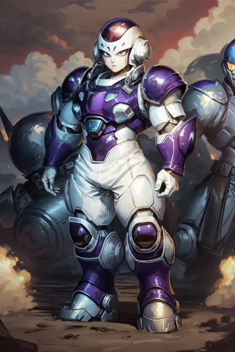 (masterpiece, best quality),  intricate details
1girl, <lora:Frieza:0.8> frieza, 
soldier, military, <lora:ParrleyGown:1> [ballgown|Parrley_armor],  [dress|suit of armor], (big bulky futuristic armor:1.3), iron breastplate, purple petticoat,  helmet,