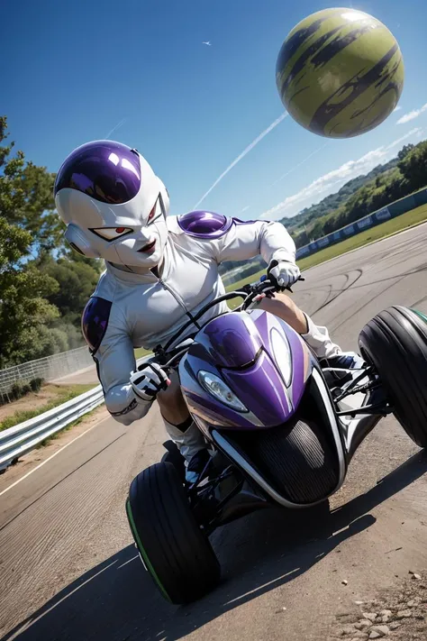 frieza driving a go-kart, racetrack on a green alien planet background
 <lora:add_detail:0.3>,  <lora:Frieza:1>
