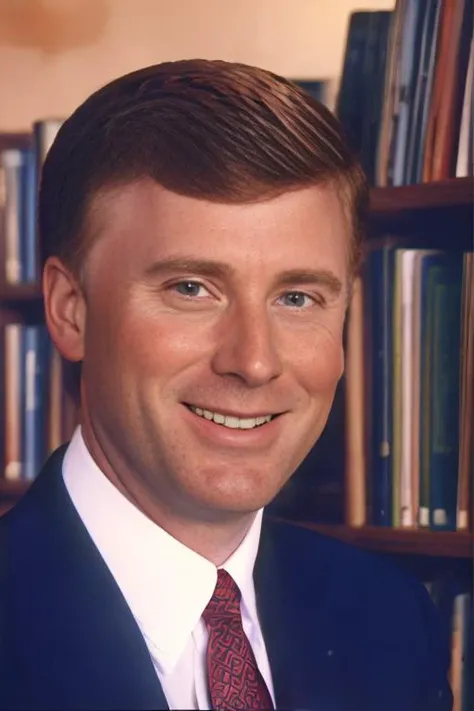 Portrait of Dan Quayle <lora:Dan Quayle V1:0.8>, shirt and tie, smile, dramatic, realistic, high quality, 4k, film grain, 1990's, indoors, library, close up