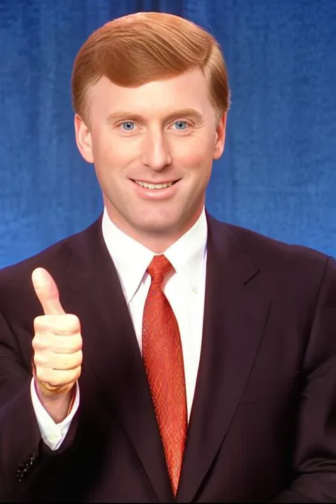 Portrait of Dan Quayle <lora:Dan Quayle V1:0.7>, suit, dramatic, realistic, high quality, 4k, film grain, 1990's, close up, simple background, giving thumbs up