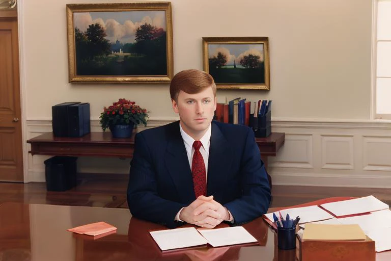 Portrait of Dan Quayle <lora:Dan Quayle V1:0.7>, suit, dramatic, realistic, high quality, 4k, film grain, 1990's, indoors, empty meeting room, seated at desk, bored expression, hand on head