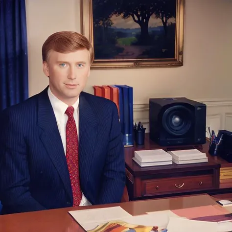 Portrait of Dan Quayle <lora:Dan Quayle V1:0.7>, suit and tie, dramatic, realistic, high quality, 4k, film grain, 1990's, commercial office, using old computer, desk, seated, facing away from computer, looking at viewer