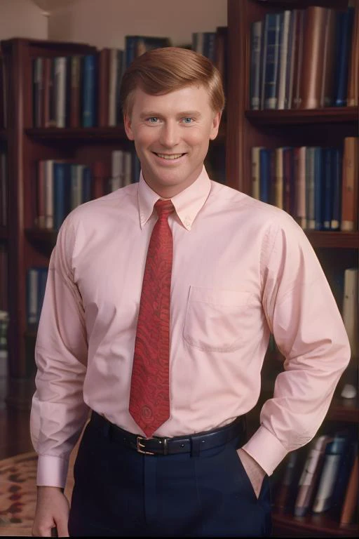 Portrait of Dan Quayle <lora:Dan Quayle V1:0.7>, shirt, waistcoat, smile, dramatic, realistic, high quality, 4k, film grain, 1990's, indoors, library