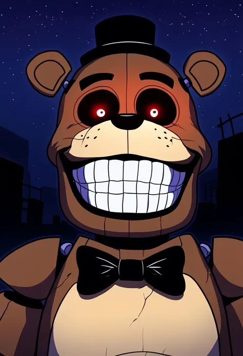 masterpiece, best details, best quality,freddy, black hat, black bowtie, brown skin, bear, robot, joints, solgo, sharp teeth, evil grin, black sclera, glowing eyes,, portrait, night city, outdoors, full moon, destroyed city, fire, forefocus, extreme details, dark, shadows, night time, dark alley way, emerging from shadows, full body