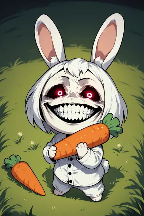 score_9, score_8_up, score_7_up, source_anime, 1girl, solo, <lora:SoloStatueGodGrin-closrem-v2:1> solgo, sharp teeth, evil grin, black sclera, glowing eyes, rabbit ears, rabbit tail, chibi, white pajamas, outdoors, grass field, carrot