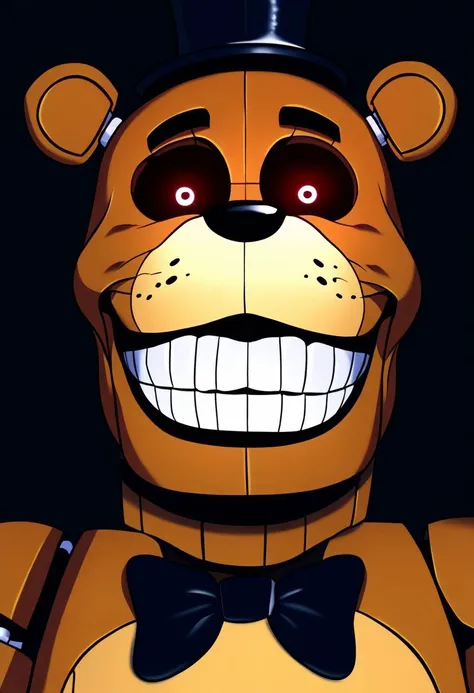 masterpiece, best details, best quality,freddy, black hat, black bowtie, brown skin, bear, robot, joints, solgo, sharp teeth, evil grin, black sclera, glowing eyes,, portrait