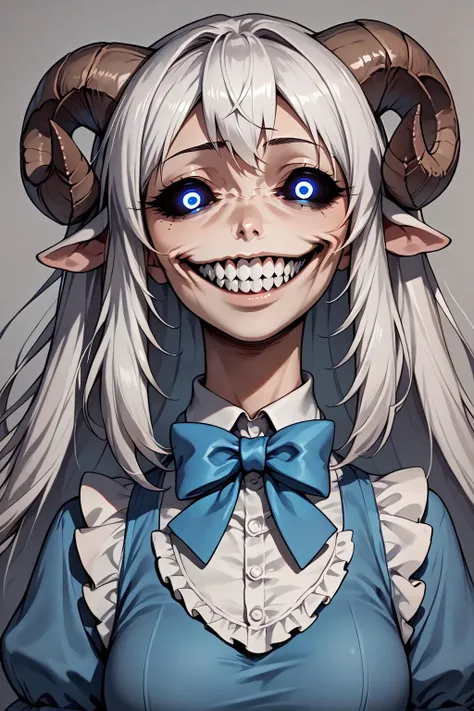 score_9, score_8_up, score_7_up, source_anime, 1girl, solo, white hair, blue eyes, long hair, messy hair, sheep girl, sheep horns, light blue dress, puffy sleeves, ribbons, bowtie, frills, <lora:SoloStatueGodGrin-closrem-v2:1> solgo, sharp teeth, evil grin, black sclera, glowing eyes,