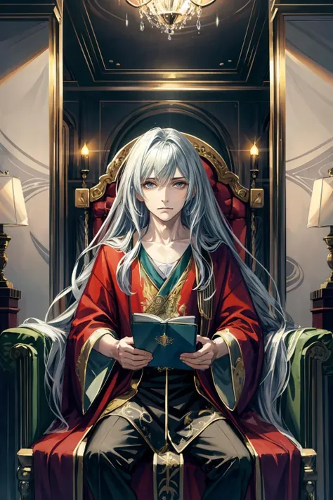 masterpiece, best quality, 1boy, <lora:Michel:0.8>Michel_Bollinger, 1man, long hair, robe, sitting on a throne, hall, chandelier, holding 1 book, looking at viewer, from front, <lora:more_details:0.3>