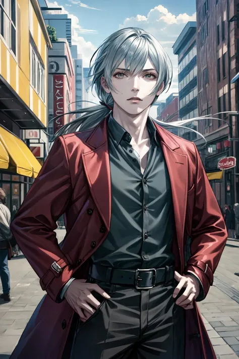 (masterpiece:1.2), ultra detailed, <lora:MichelBollinger:0.85>, Michel_Bollinger, 1man, ponytail, belt, buttons, coat, hand on hip, shopping district, people, <lora:Beautifuleyes:0.6>, <lora:Adddetail:0.5>
