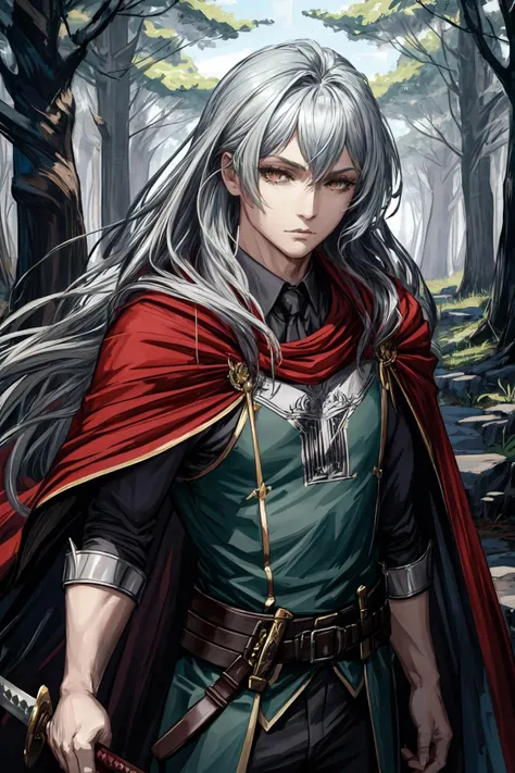 (masterpiece:1.2), ultra detailed, <lora:MichelBollinger:0.75>, Michel_Bollinger,1man, long hair, armor, cape, flower, sword, weapon, (((dark forest))), fog, dirt road, tree, flowers, proud face,  <lora:Adddetail:0.5>