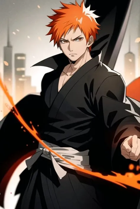 <lora:ichigo:0.5>,ichigo/Bleach/,short orange hair,black kimono,close up,ultra detailed face,best quality,city background,solo