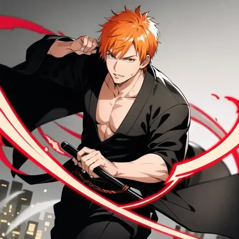 <lora:ico_2376:0.6>,ichigo,short orange hair,black kimono,close up,ultra detailed face,best quality,city background,mature man
