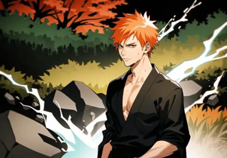 <lora:ichigo:0.5>,ichigo/Bleach/,short orange hair,black kimono,close up,full body,((forest background)),living stones behind,ultra detailed face,best quality,solo,pointy chin,closed mouth,serious look,sweat on face