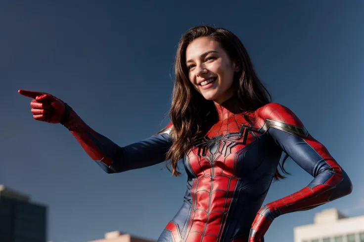 Marvel s,photo of a 18 year old girl,spiderman,hands on hips,happy,laughing,ray tracing,detail shadow,shot on Fujifilm X-T4,85mm f1.2,sharp focus,depth of field,blurry background,bokeh,motion blur,<lora:add_detail:1>,