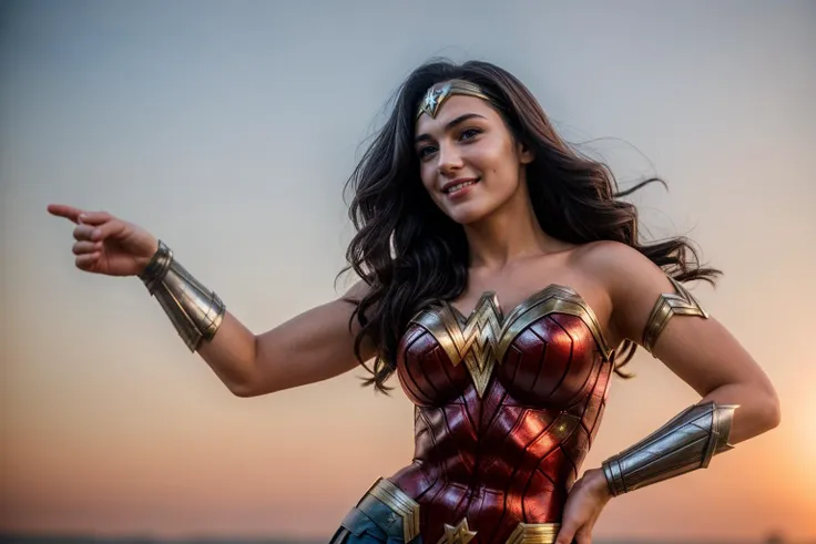 DC movies,photo of a 18 year old girl,wonder woman,hands on hips,happy,laughing,ray tracing,detail shadow,shot on Fujifilm X-T4,85mm f1.2,sharp focus,depth of field,blurry background,bokeh,motion blur,<lora:add_detail:1>,