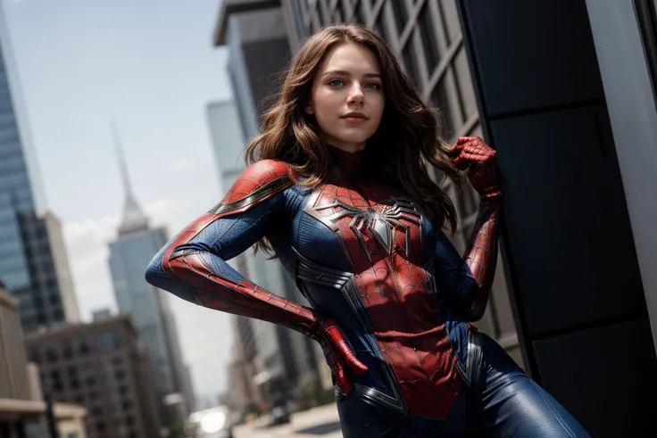 Marvel s,from below,photo of a 18 year old girl,spiderman,hands on hips,happy,looking at viewer,blue eyes,outdoor,windy,ray tracing,detail shadow,shot on Fujifilm X-T4,85mm f1.2,sharp focus,depth of field,blurry background,bokeh,motion blur,<lora:add_detail:1>,