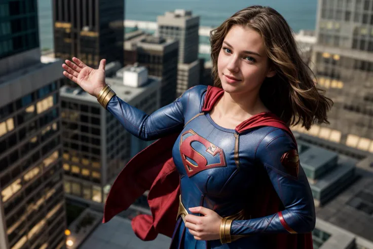 DC s,from above,photo of a 18 year old girl,supergirl,dancing,hands on hips,happy,ray tracing,detail shadow,shot on Fujifilm X-T4,85mm f1.2,sharp focus,depth of field,blurry background,bokeh,lens flare,motion blur,<lora:add_detail:1>,