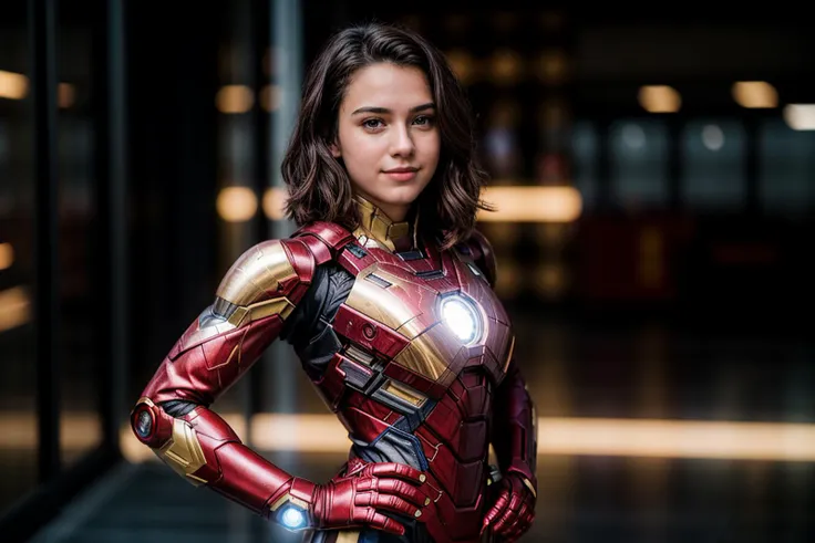 Marvel movies,photo of a 18 year old girl,ironman,hands on hips,happy,ray tracing,detail shadow,shot on Fujifilm X-T4,85mm f1.2,sharp focus,depth of field,blurry background,bokeh,motion blur,<lora:add_detail:1>,