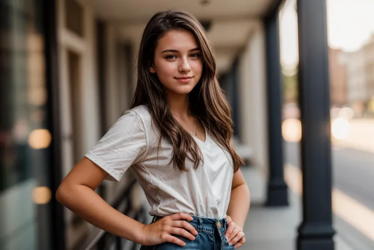 photo of a 18 year old girl,hands on hips,happy,ray tracing,detail shadow,shot on Fujifilm X-T4,85mm f1.2,sharp focus,depth of field,blurry background,bokeh,motion blur,<lora:add_detail:1>,