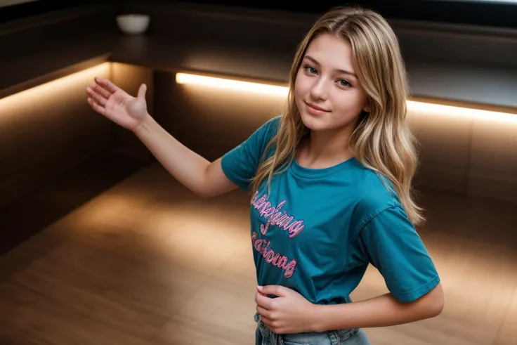 from above,photo of a 18 year old girl,dancing,hands on hips,happy,shirt,pants,ray tracing,detail shadow,shot on Fujifilm X-T4,85mm f1.2,sharp focus,depth of field,blurry background,bokeh,lens flare,motion blur,<lora:add_detail:1>,