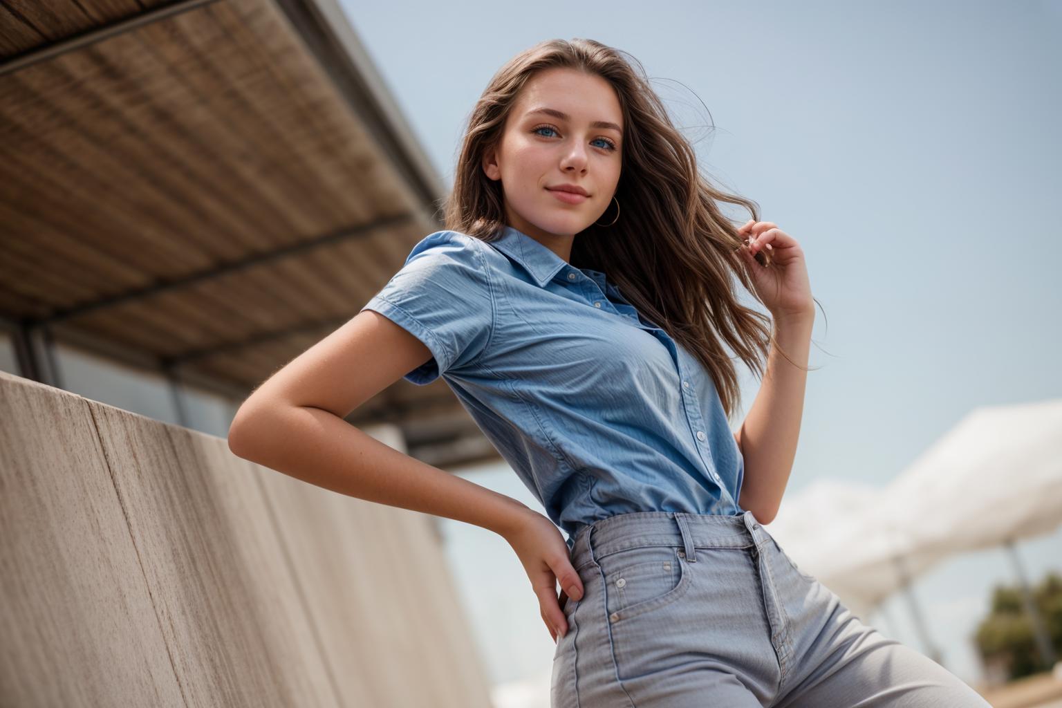 Arafed woman in a blue shirt and grey jeans leaning against a wall ...