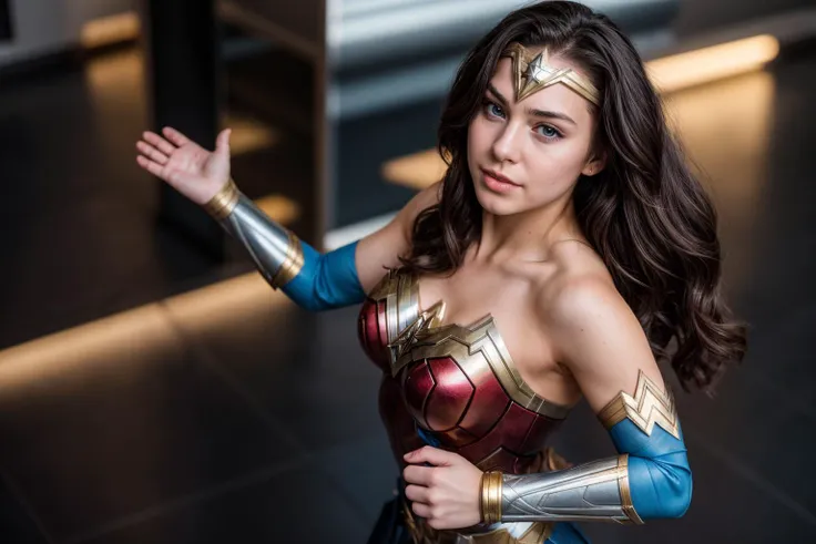 DC movies,from above,photo of a 18 year old girl,wonder woman,dancing,hands on hips,happy,ray tracing,detail shadow,shot on Fujifilm X-T4,85mm f1.2,sharp focus,depth of field,blurry background,bokeh,lens flare,motion blur,<lora:add_detail:1>,