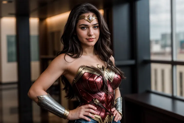 DC movies,photo of a 18 year old girl,wonder woman,hands on hips,happy,ray tracing,detail shadow,shot on Fujifilm X-T4,85mm f1.2,sharp focus,depth of field,blurry background,bokeh,motion blur,<lora:add_detail:1>,