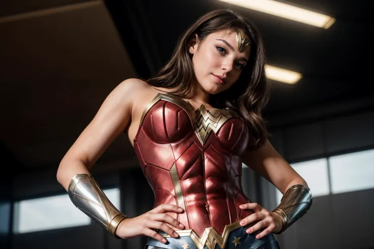 DC s,from below,photo of a 18 year old girl,wonder woman,dancing,hands on hips,happy,ray tracing,detail shadow,shot on Fujifilm X-T4,85mm f1.2,sharp focus,depth of field,blurry background,bokeh,lens flare,motion blur,<lora:add_detail:1>,