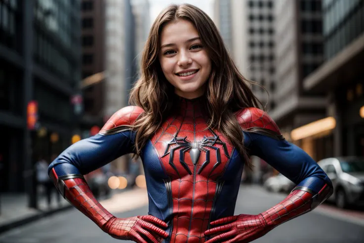 marvel s,photo of a 18 year old girl,spiderman,happy,laughing,hands on hips,looking at viewer,ray tracing,detail shadow,shot on Fujifilm X-T4,85mm f1.2,sharp focus,depth of field,blurry background,bokeh,lens flare,motion blur,<lora:add_detail:1>,