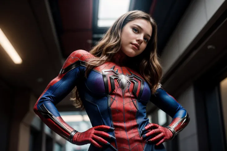 Marvel s,from below,photo of a 18 year old girl,spiderman,dancing,hands on hips,happy,ray tracing,detail shadow,shot on Fujifilm X-T4,85mm f1.2,sharp focus,depth of field,blurry background,bokeh,lens flare,motion blur,<lora:add_detail:1>,