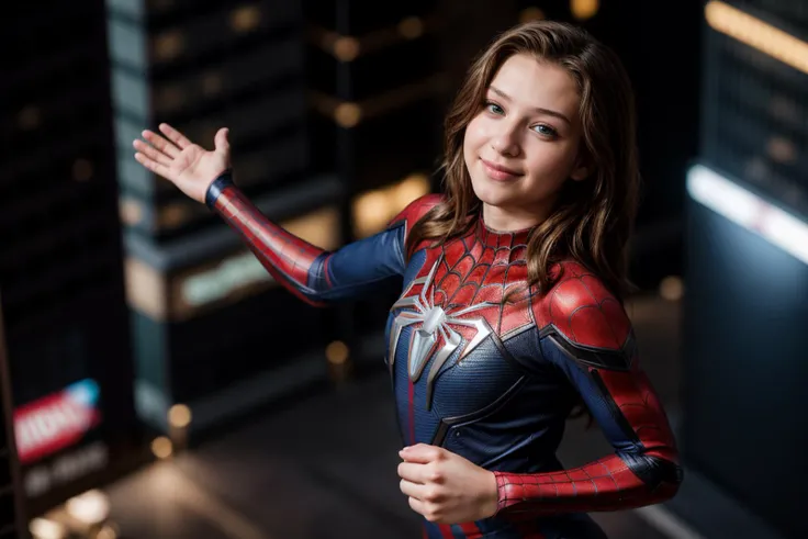 Marvel movies,from above,photo of a 18 year old girl,spiderman,dancing,hands on hips,happy,ray tracing,detail shadow,shot on Fujifilm X-T4,85mm f1.2,sharp focus,depth of field,blurry background,bokeh,lens flare,motion blur,<lora:add_detail:1>,