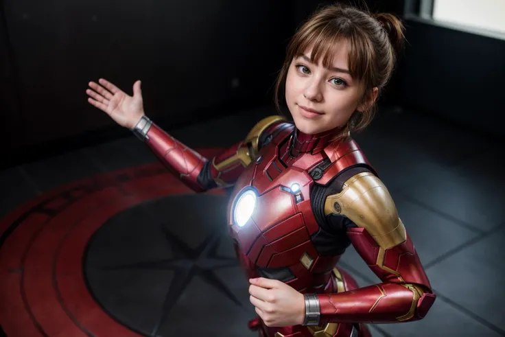 Marvel movies,from above,photo of a 18 year old girl,ironman,dancing,hands on hips,happy,ray tracing,detail shadow,shot on Fujifilm X-T4,85mm f1.2,sharp focus,depth of field,blurry background,bokeh,lens flare,motion blur,<lora:add_detail:1>,