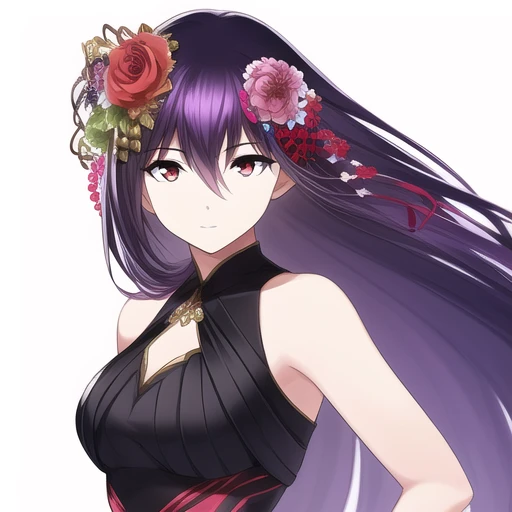 <lora:kasumi:1>, best_quality, high quality, 1girl, purple hair, red eyes, long_hair, white background, hair_ornament, flower, hair_flower