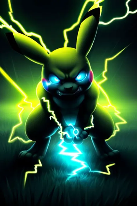 pikachu, angry, ((clenched teeth)), lightning, grass, empty eyes, blue sclera, ((glowing eyes)), dark theme, bent over, 3 fingers, yellow body, ((bioluminescence)), (((electricity manipulation))) furry, yellow theme